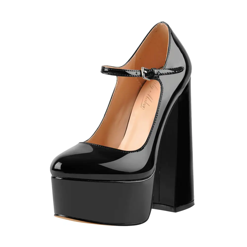 Sleek Patent Finish Round Toe Platform Chunky Heel Pumps