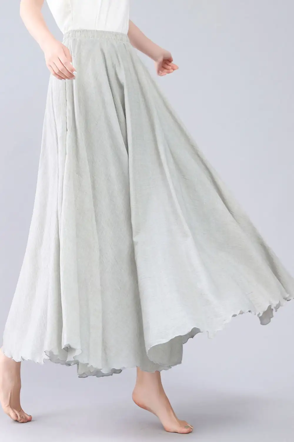 Checkered Linen Cotton Pleated Circle Elastic Waist Skirt