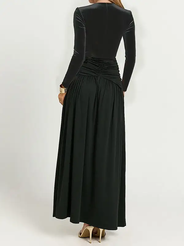 Side Pleated Neck Maxi Dress