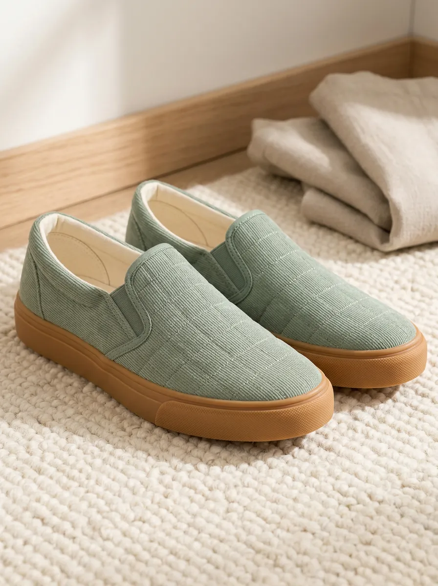 Women's Sage Green Corduroy Textured Slip-on Sneakers