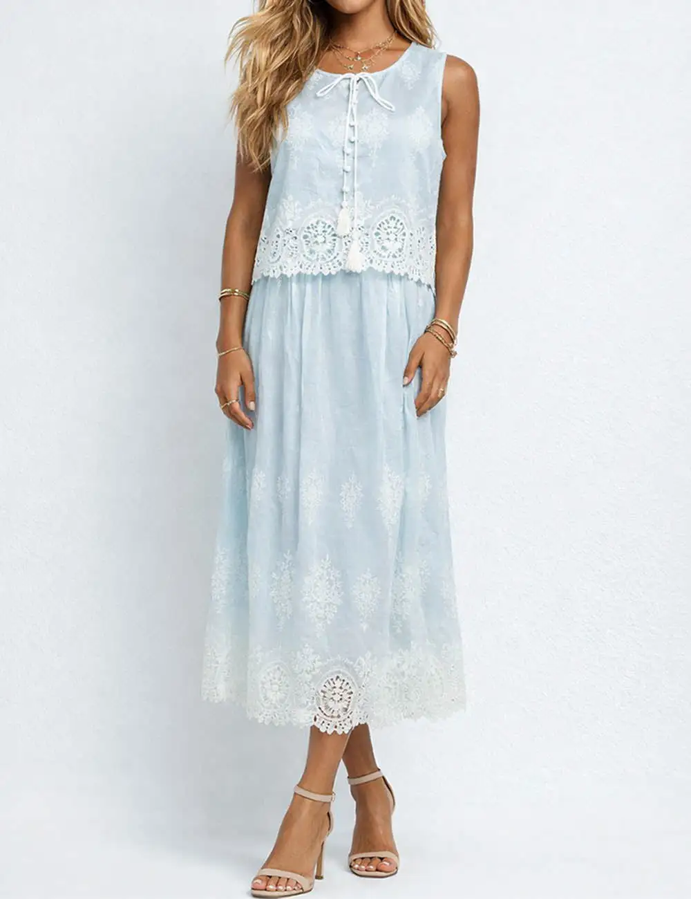 Boho Color Block Lace Embroidery Top Skirt