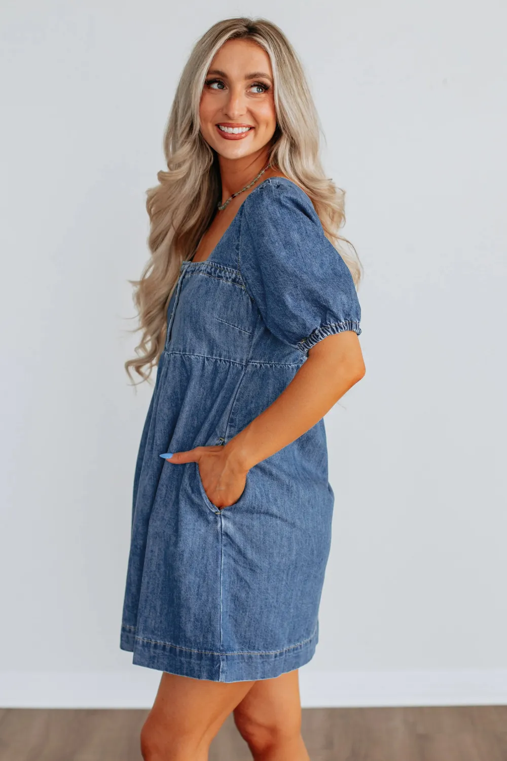 Deep Blue Square Neck Denim Dress