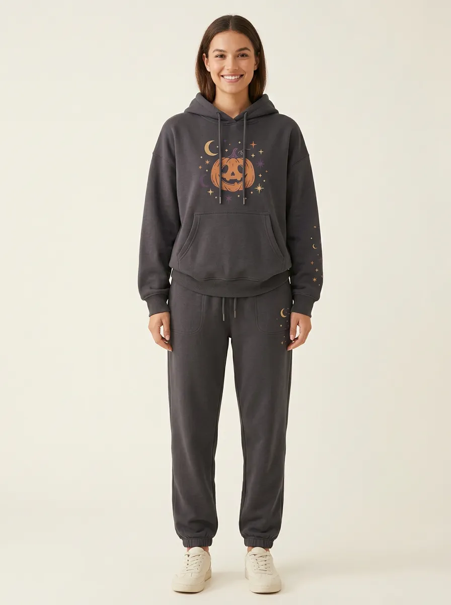 Women's Halloween Pumpkin Moon Star Printed Hoodie Tapered Jogger Set
