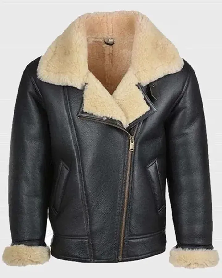 Shearling Sheepskin Fur Collar Zip Front Jacket