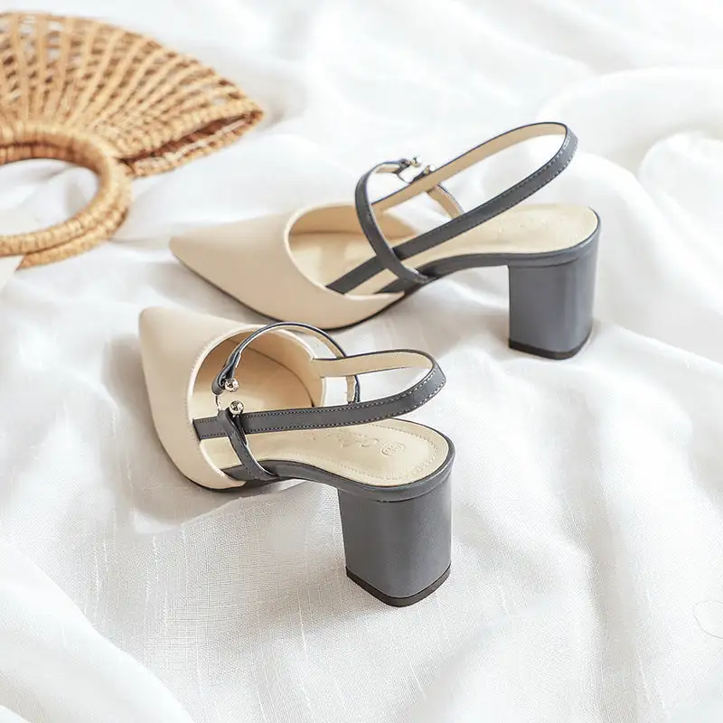 Backless Pointed Toe Thick Heel Sandals