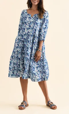 Floral Cotton Round-Neck Three-Quarter-Sleeve A-Line Relaxed Below-Knee Dress