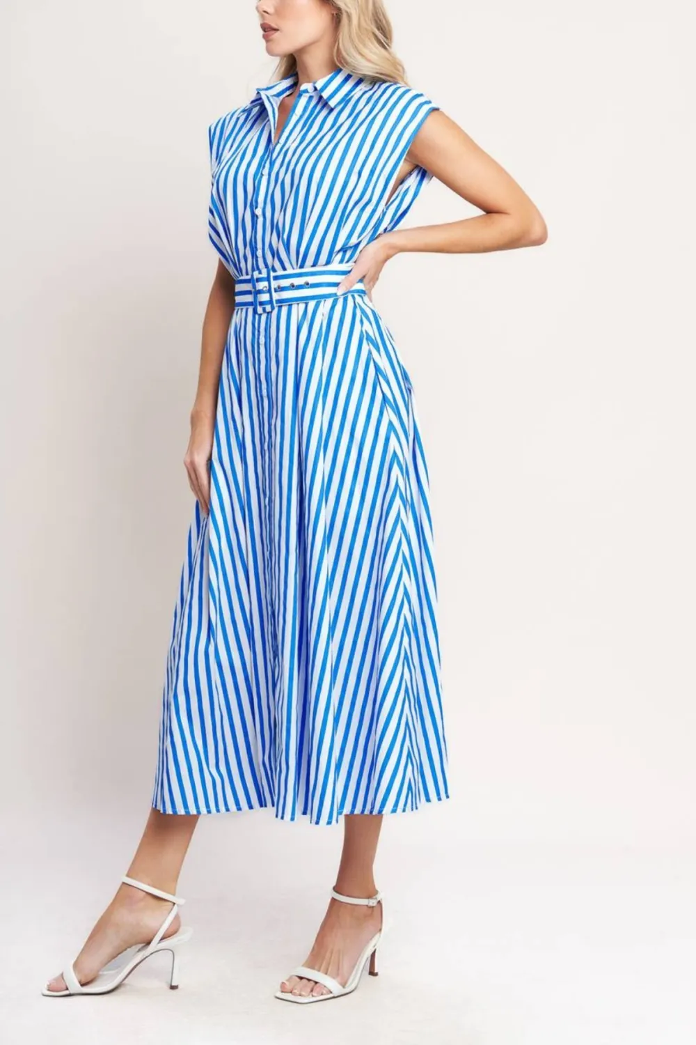 Striped Button Down Short Sleeve Midi Dress