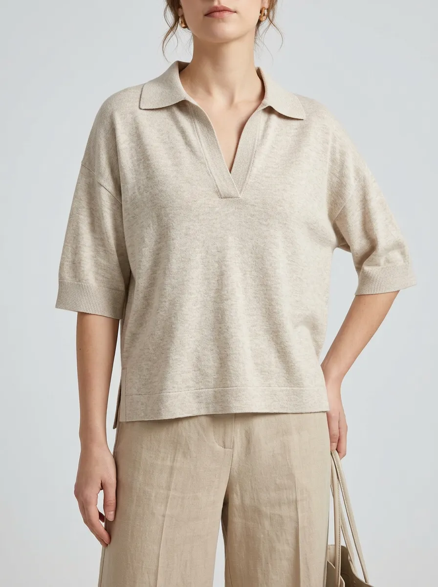 Women's Beige Knit Polo with an Effortless Casual Feel