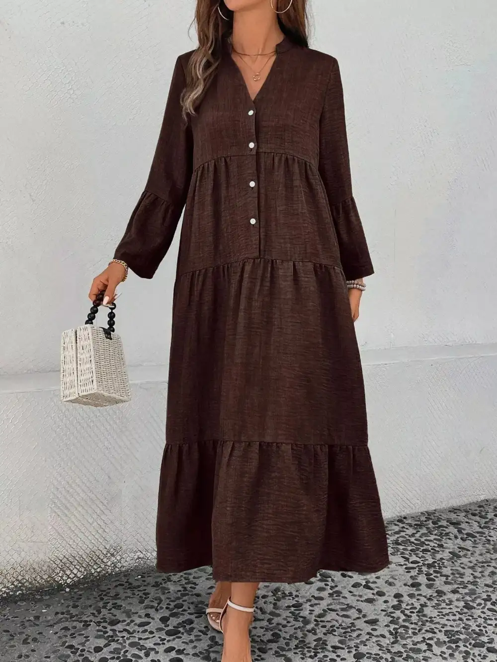 Button Front Ruffle Tiered Dress Casual