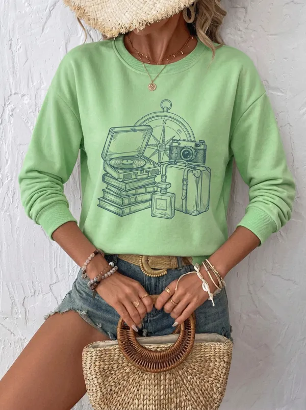 Women's Travel-Inspired Compass Camera Suitcase Printed Sweatshirt