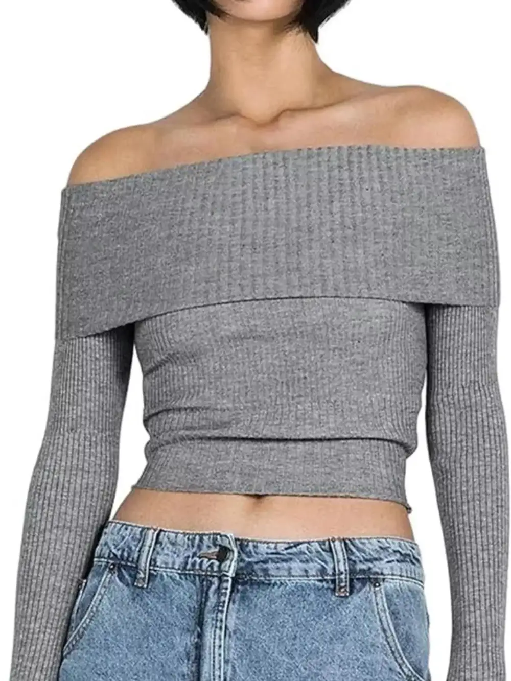 Textured Off-Shoulder Ribbed Knit Sweater