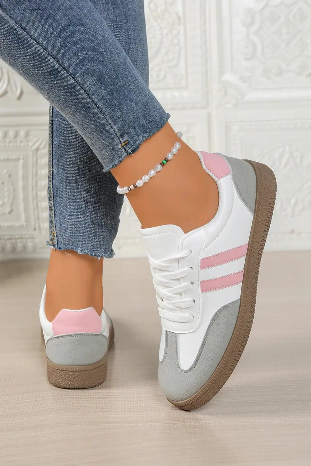 Leather Patchwork Colorblock Lace-Up Casual Sneakers