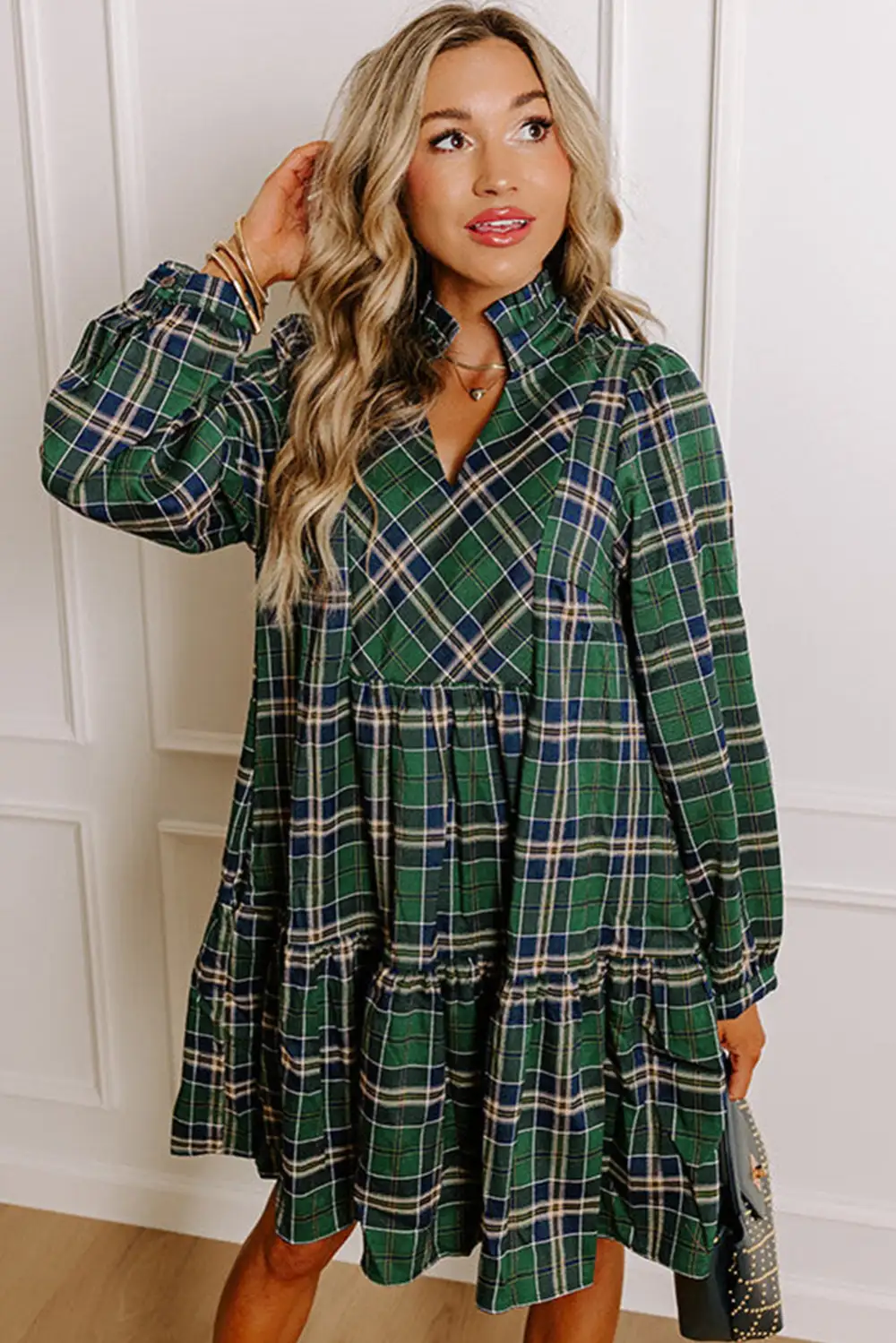 Relaxed Shape Plaid Printed Ruffle Mini Dress