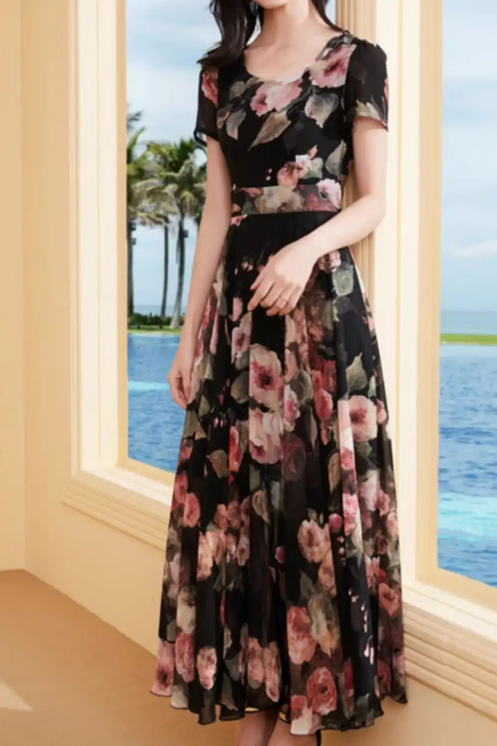 Classic Floral Chiffon Short Sleeve Maxi Dress
