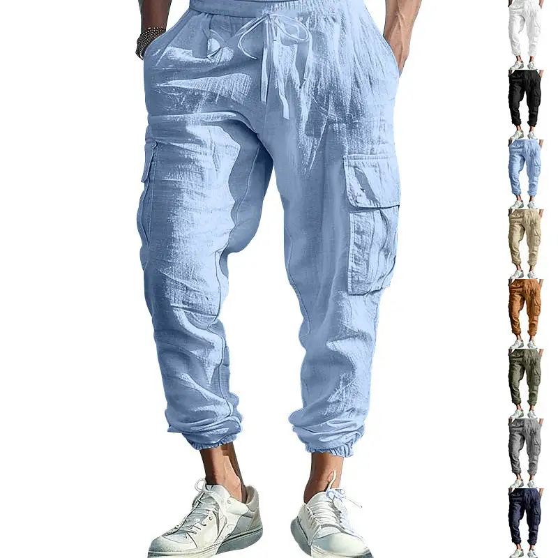 Men's Casual Linen Cargo Waist Pockets Cargo Pants