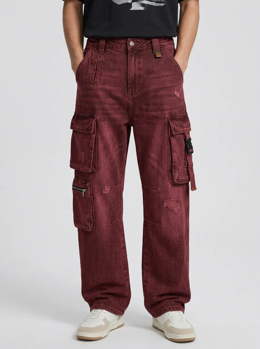 Men's Blue Distressed Multi-Pocket Cargo Strap Detail Zip Utility Pocket Cargo Pants