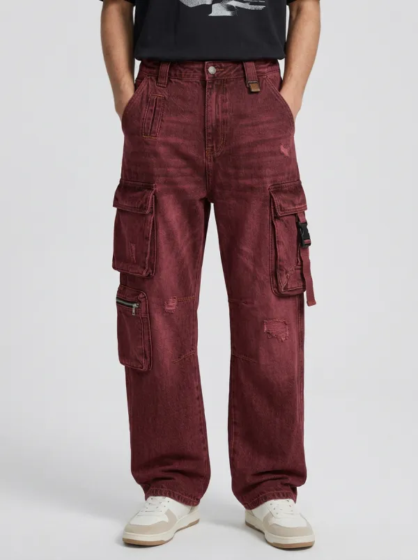 Men's Blue Distressed Multi-Pocket Cargo Strap Detail Zip Utility Pocket Cargo Pants