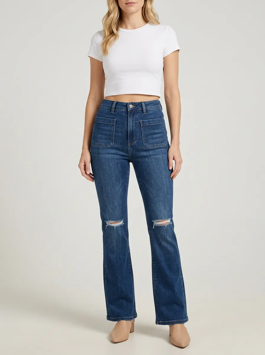 Women's High-Rise Square Patch-Pocket Double-Knee Distressed Flare Jeans