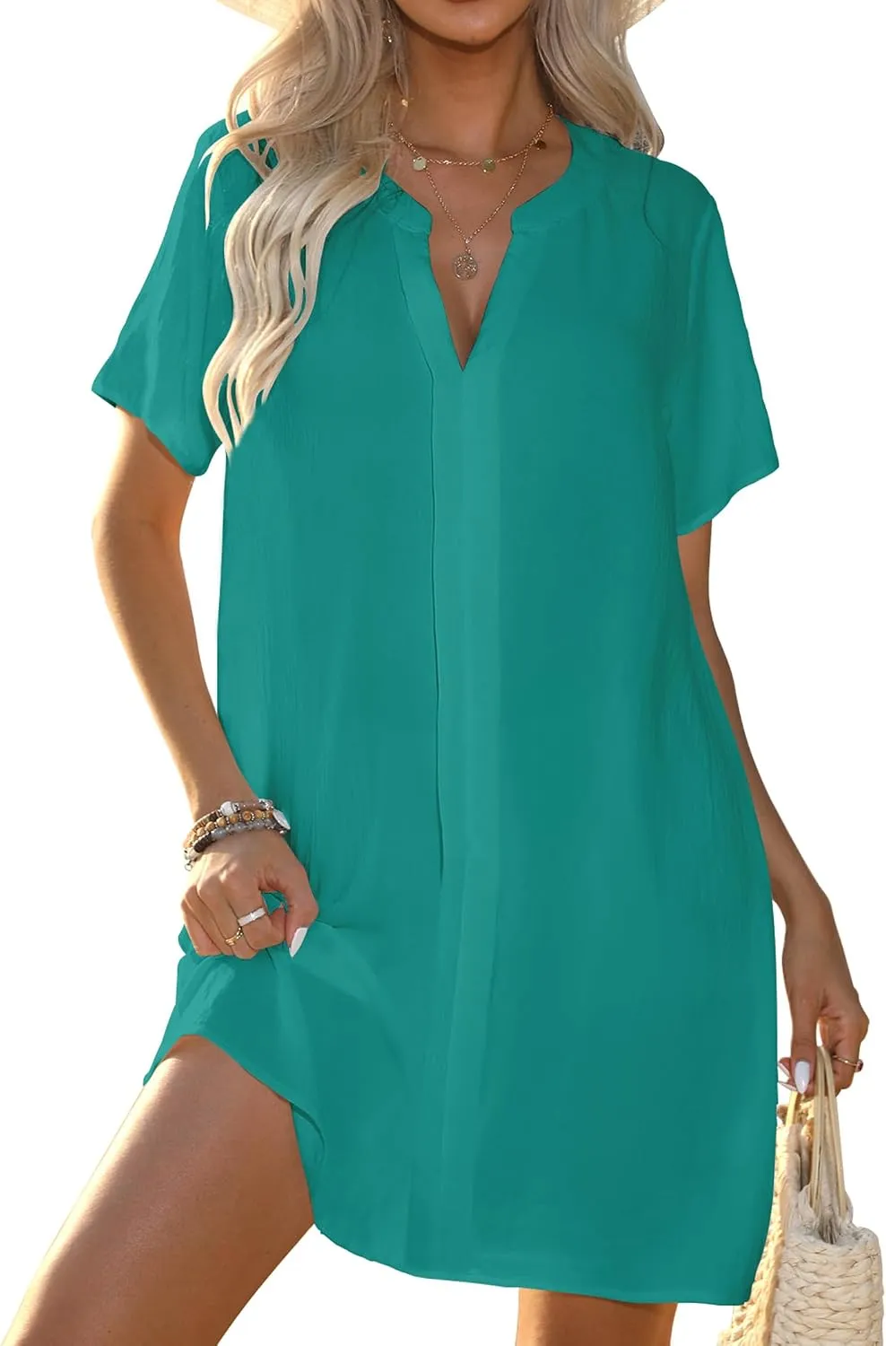 Women's Swimsuit Coverup V Neck Short Sleeve Beach Cover Ups