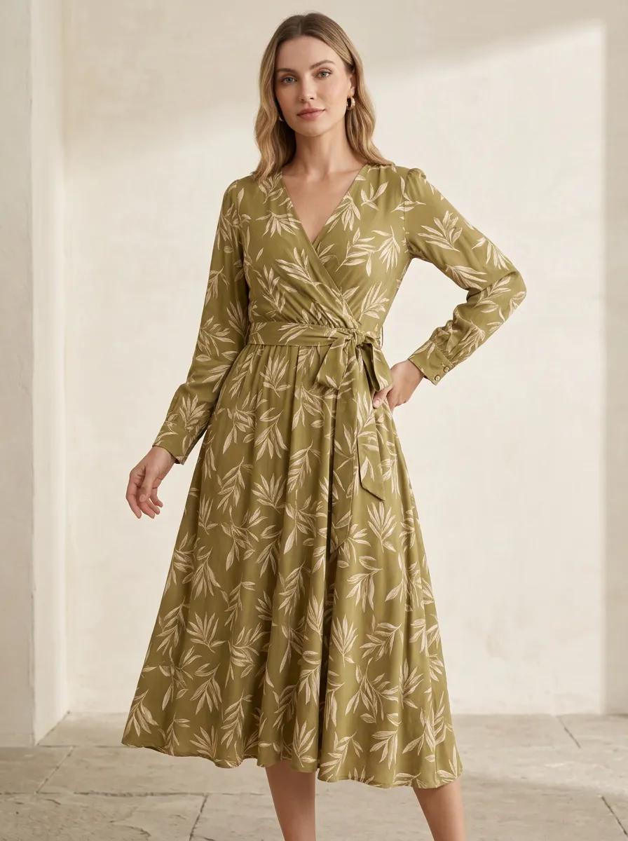 Women's Botanical Leaf Botanical Branch Daily Wear Wrap Printed Dress
