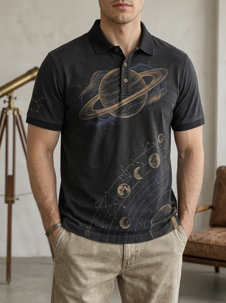 Men's Astronomy Lover Saturn Solar System Printed Polo Shirt Relaxed Daily Style