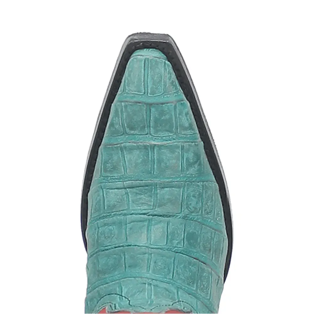Faux-Leather Crocodile-Embossed Embroidered Snip-Toe Mid-Calf Boots