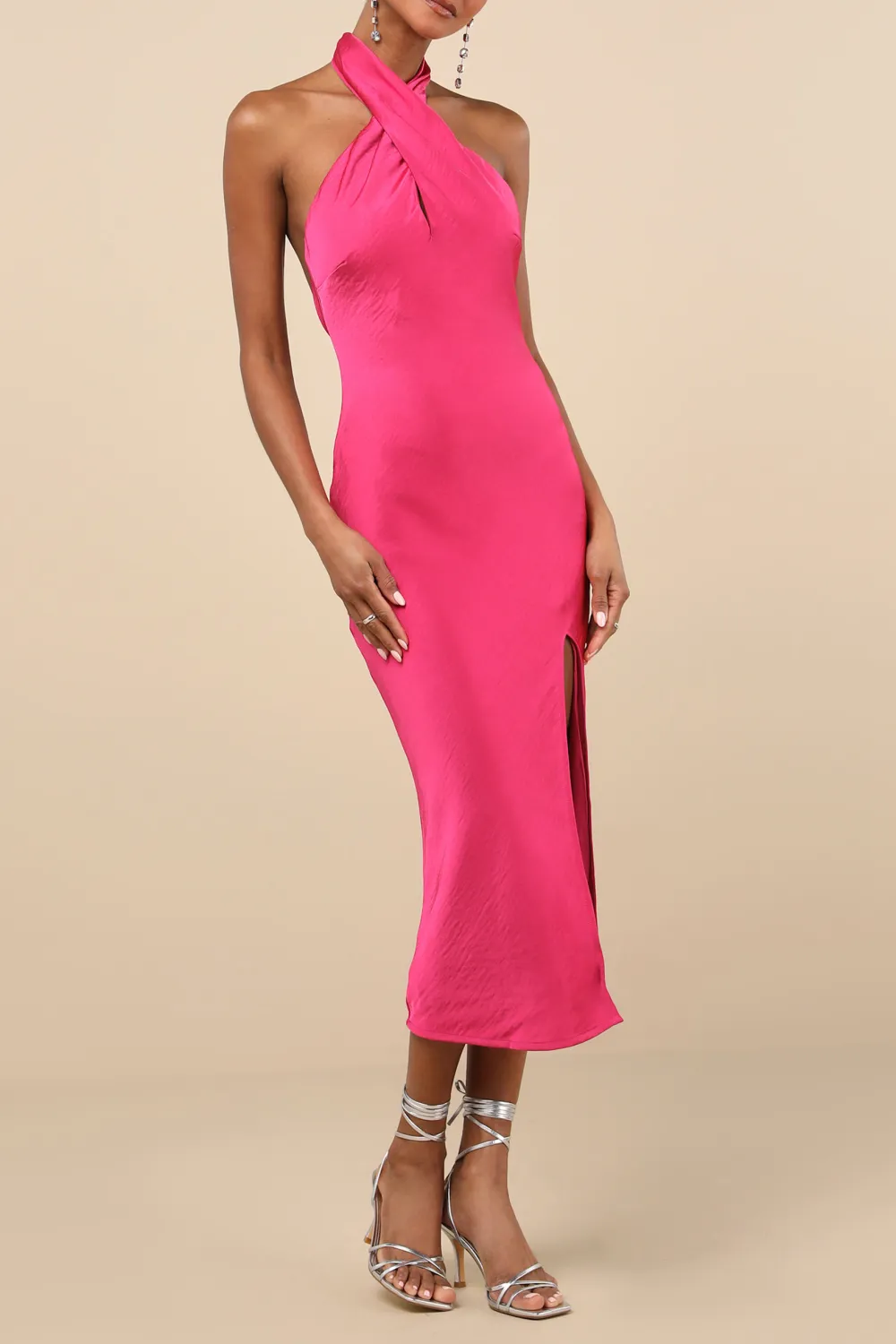 Casual Style Abstract Print Satin Halter Midi Dress