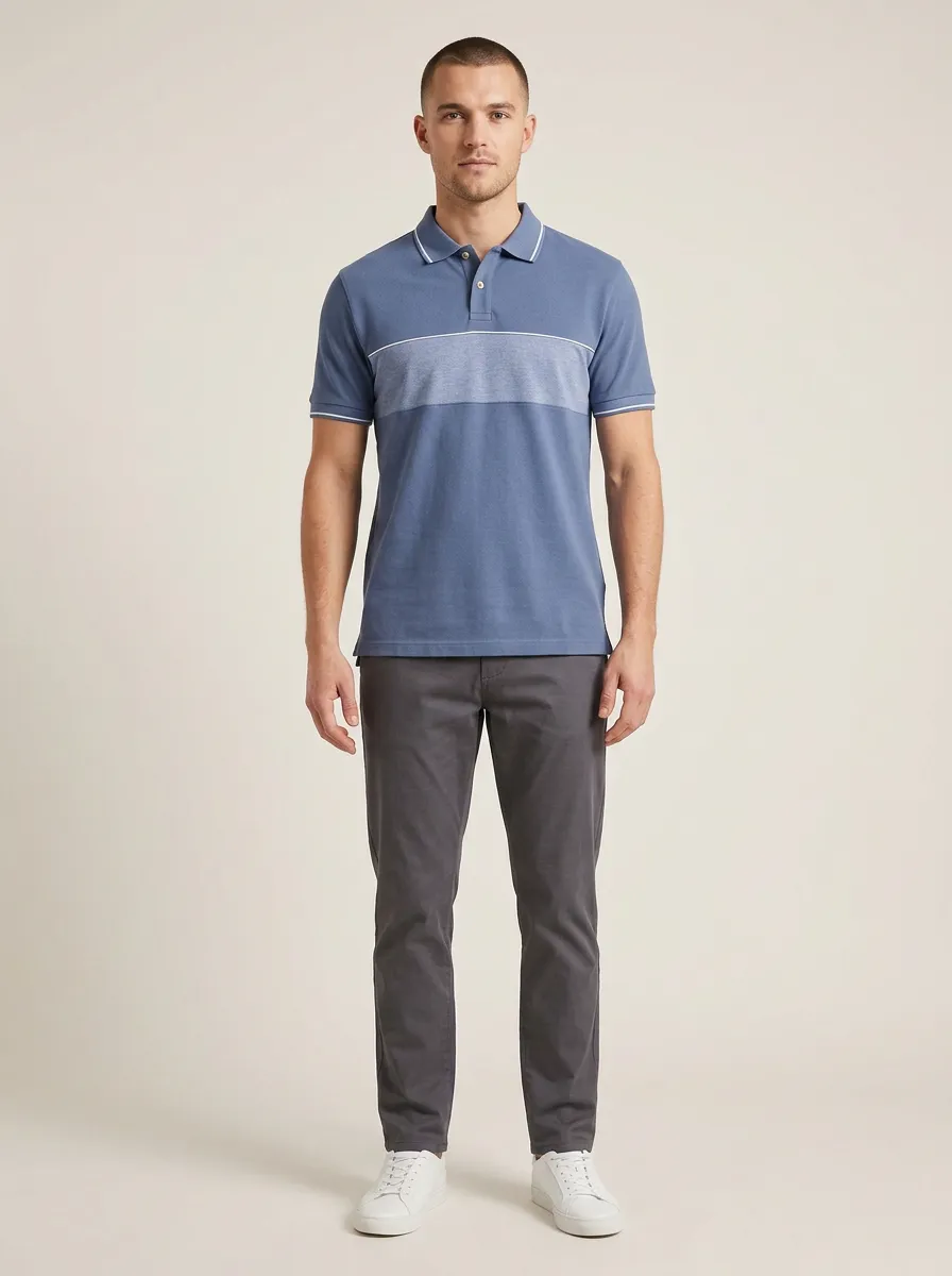 Men's Casual Blue Colorblock Striped Patterned Polo Shirt