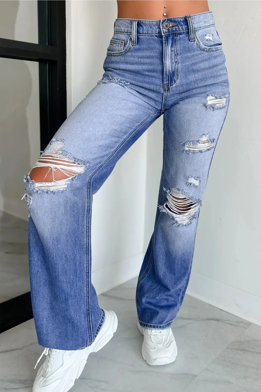 Mid Rise Straight Leg Distressed Denim Jeans