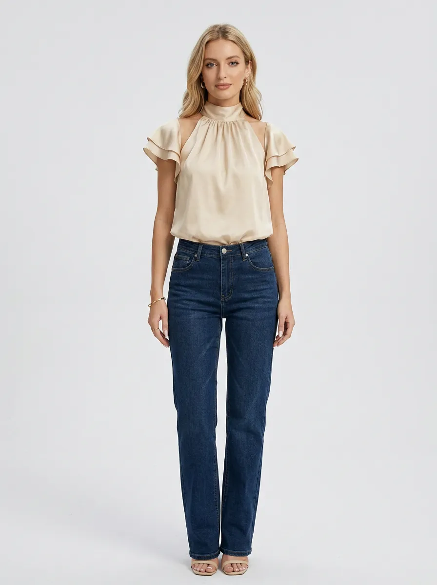 Satin Ruffle Sleeve Mock Neck Blouse