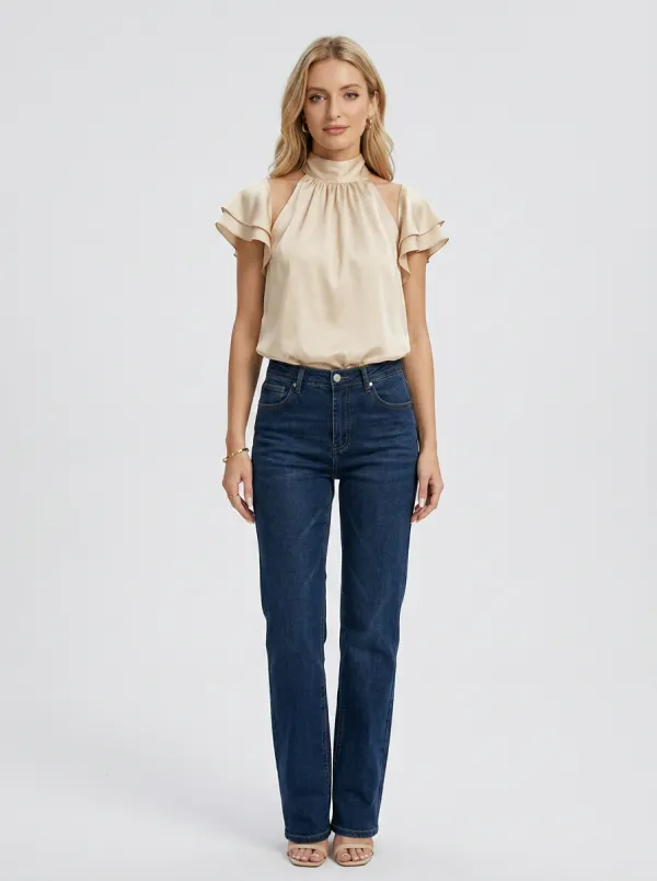 Satin Ruffle Sleeve Mock Neck Blouse