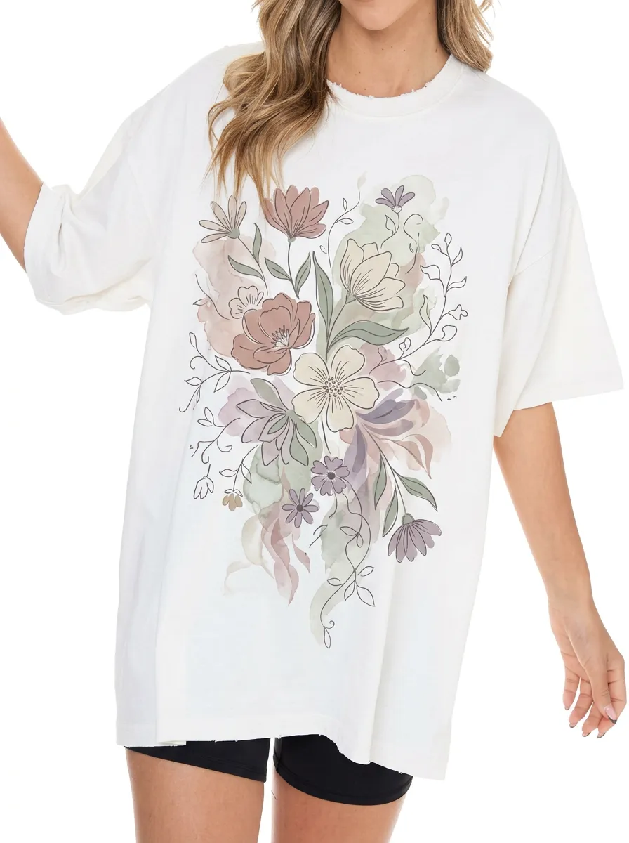 Women's Botanical Floral Watercolor Printed T-shirt