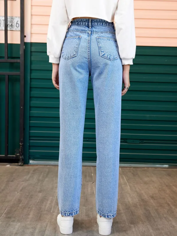 Casual Washed Pocketed Stretch Straight Leg Jeans