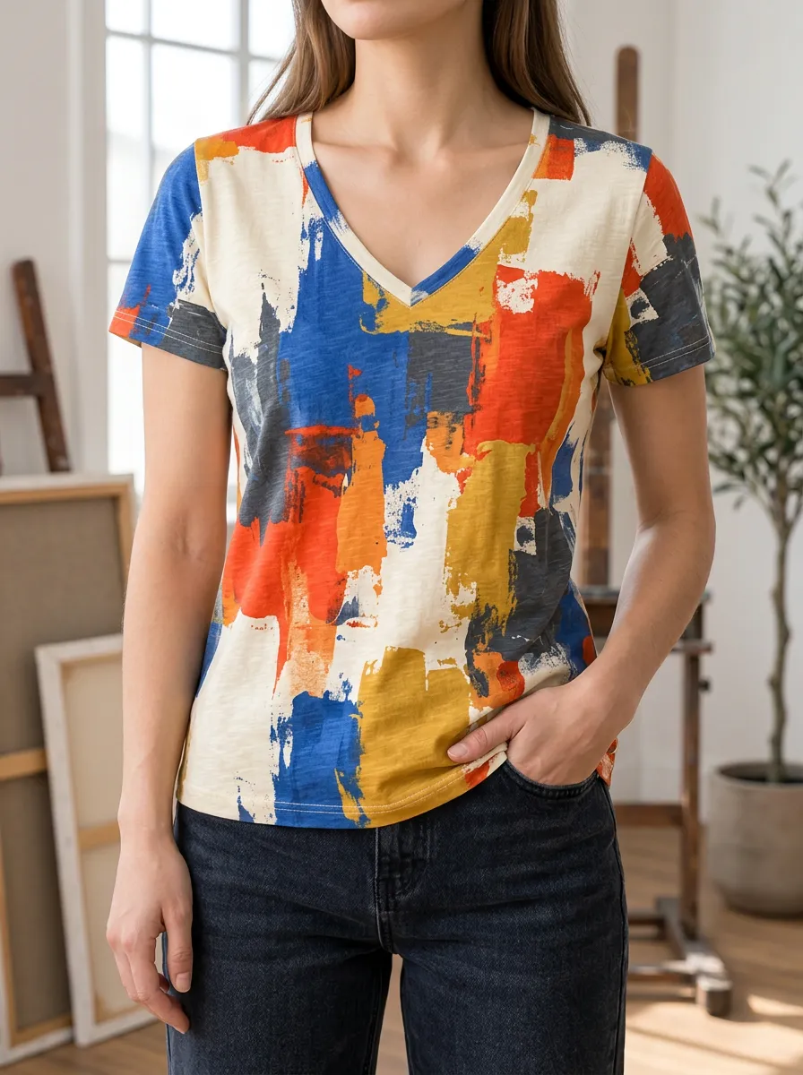 Women's Expressive Abstract Art Lover Colorful Brushstroke V-Neck T-Shirt