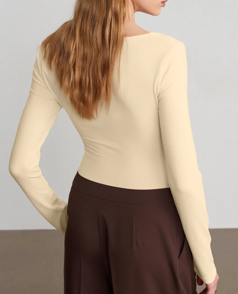 Solid Deep V Neck Long Sleeve Top