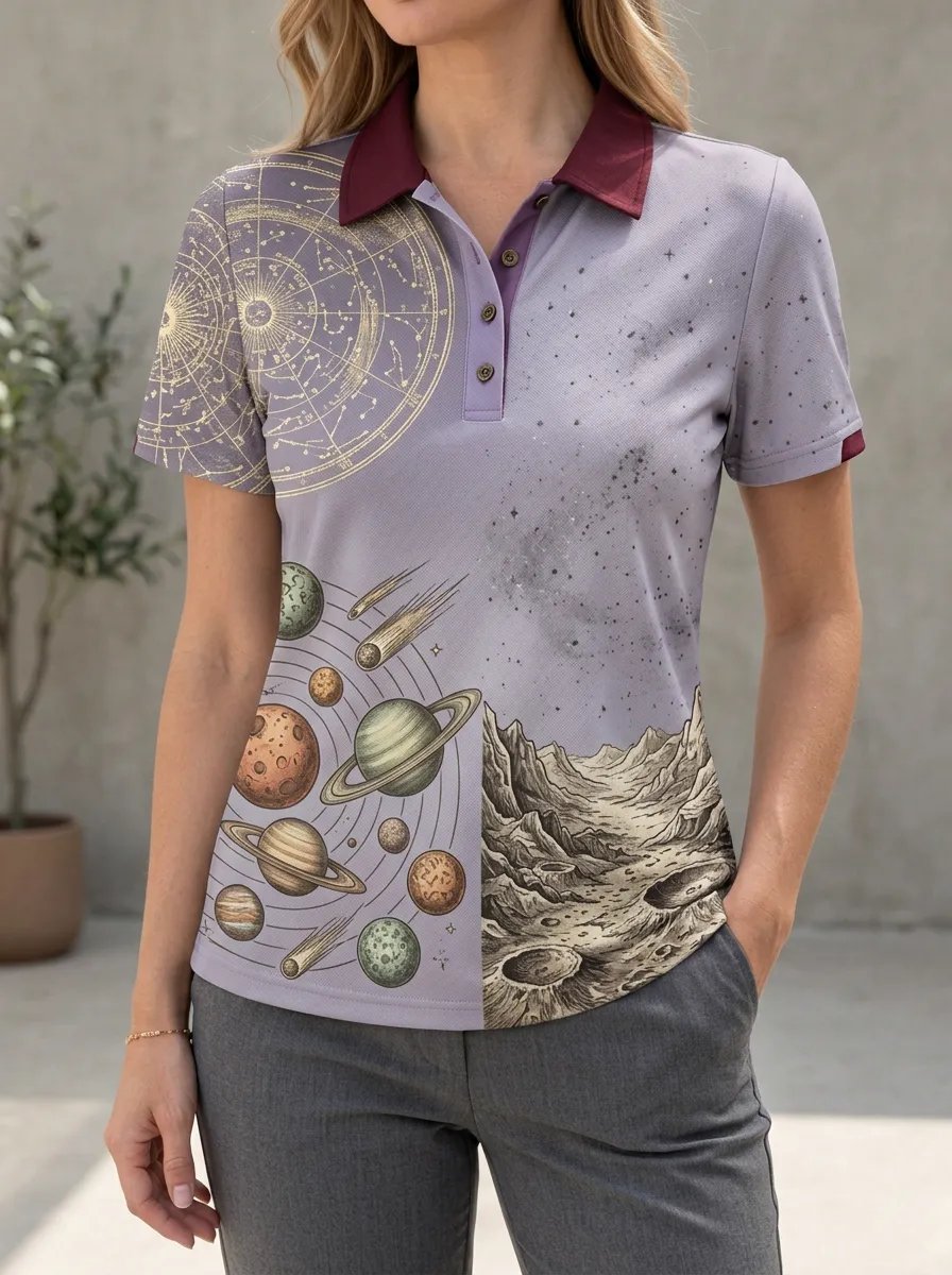 Women's Astronomy Lover Solar System Moon Printed Polo Shirt