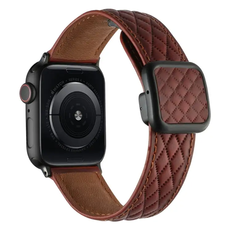 Rhombus Pattern Magnetic Square Buckle Leather Watch Band for Watch Series 8 45 mm - Red