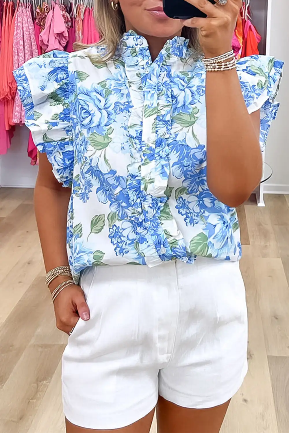 Floral Ruffled Button Front Shirt Blouse