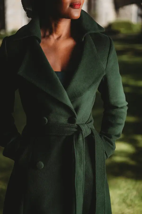 Wool Tailored Double Breasted Belted Pocketed Coat