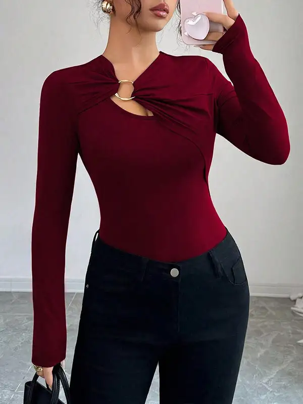 Long Sleeve Slim Fit Panel Detail Asymmetric Collar T-Shirt