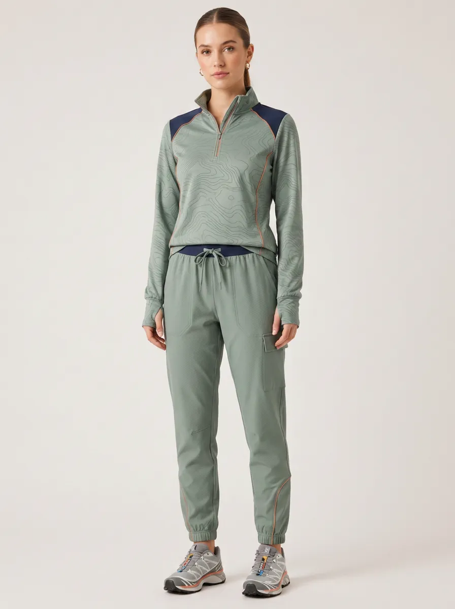 Women's Hiking Outdoor Topographic Printed Quarter-Zip Jogger Set