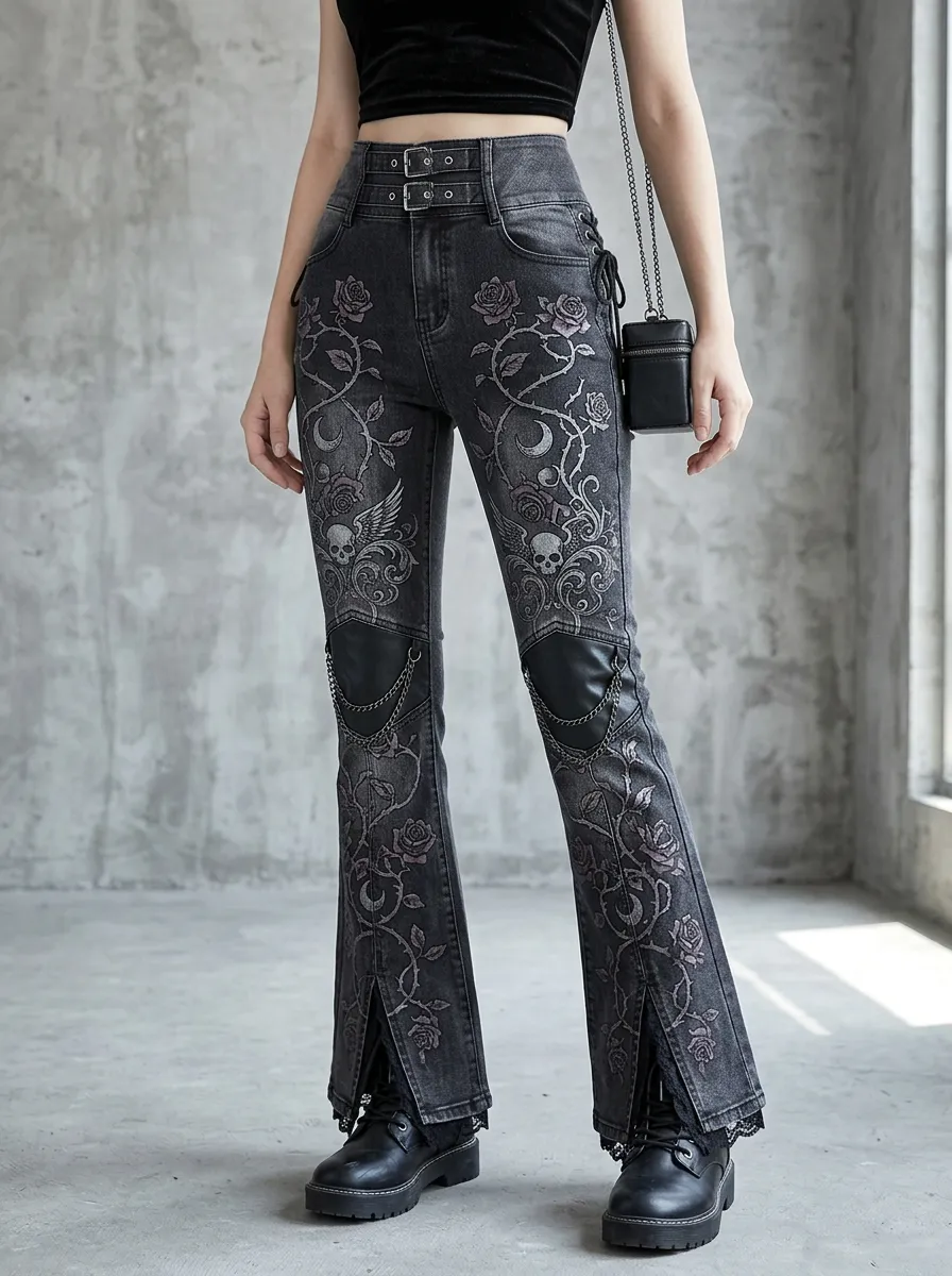Alternative Skull Rose Moon Look Women's Gothic Flare Jeans