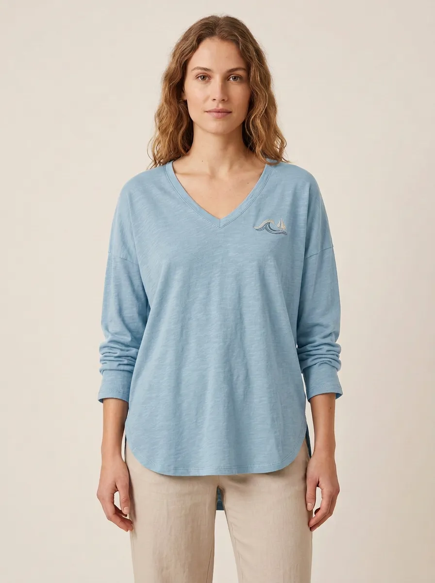 Women's Sailboat V-Neck Long-Sleeve Graphic T-Shirt