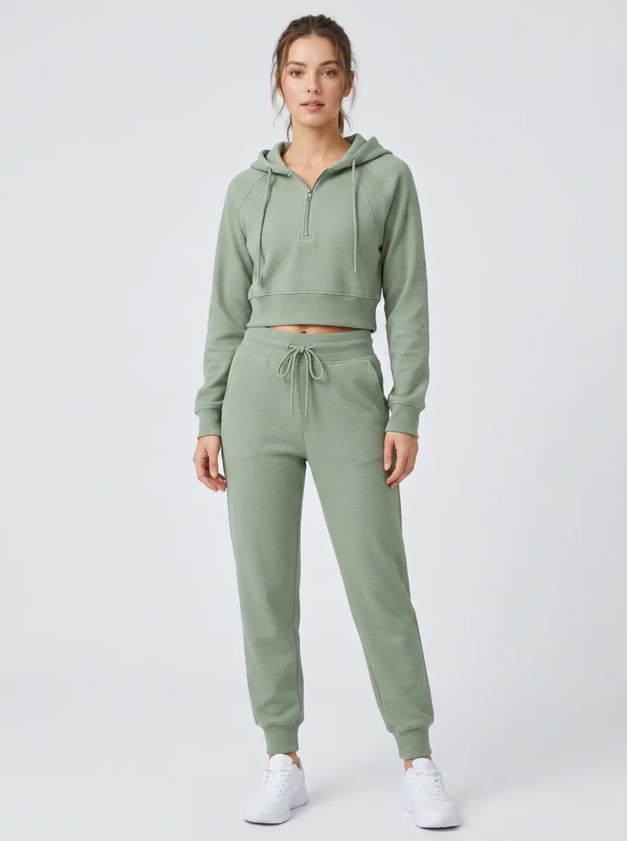 Women's Sage Green Waffle Knit Quarter-Zip Crop Hoodie Jogger Set