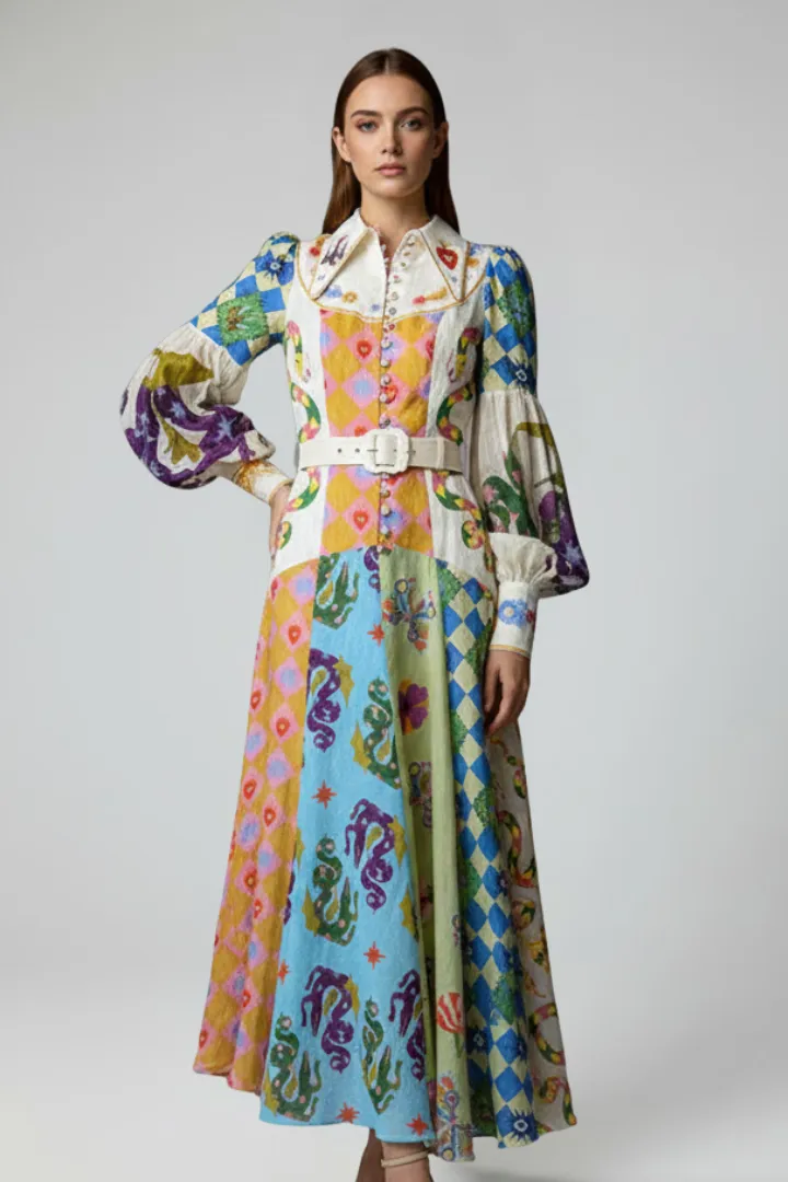  Print Long Sleeve Maxi Dress