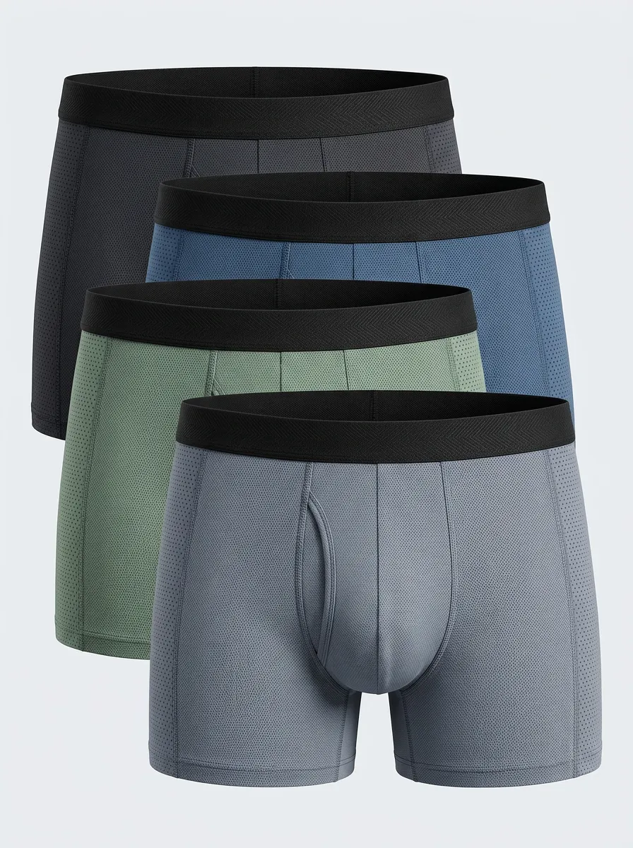 Mesh Breathable-Look Performance-Inspired Solid Men's Boxer Briefs Four-Pack