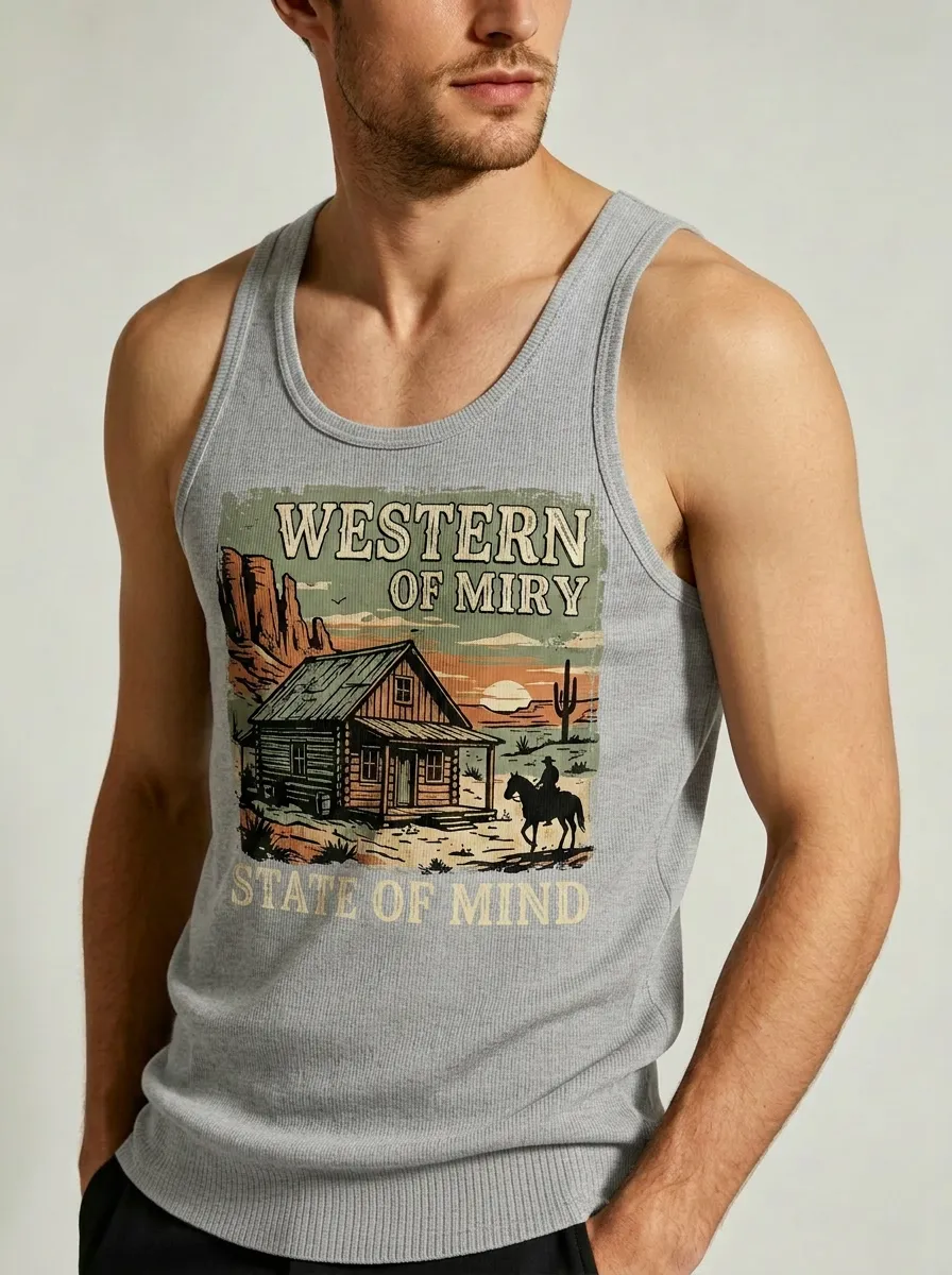 Men's Western Cowboy Cabin Desert Printed Tank Top