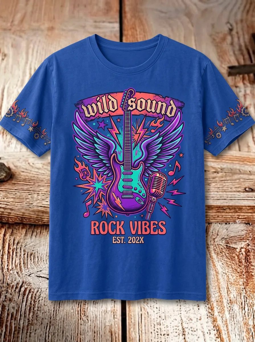 Unisex Rock Music Lover Winged Guitar Microphone Printed T-shirt