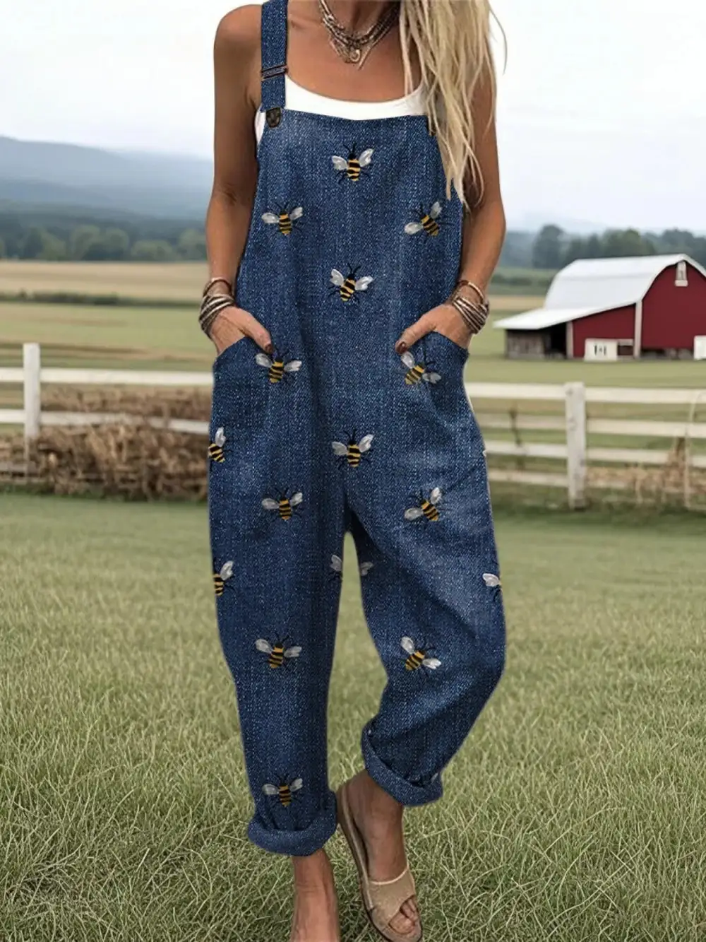  Bee Print Denim Dungaree Jumpsuit