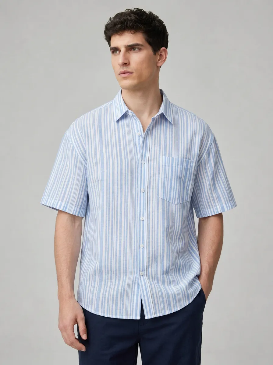 Men's Blue Striped Short Sleeve Button-Down Shirt